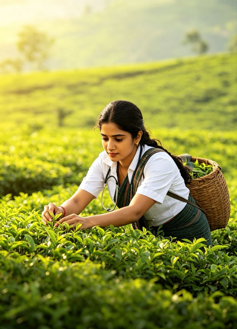 চা বাগানে পাতা তুলছে একজন নারী