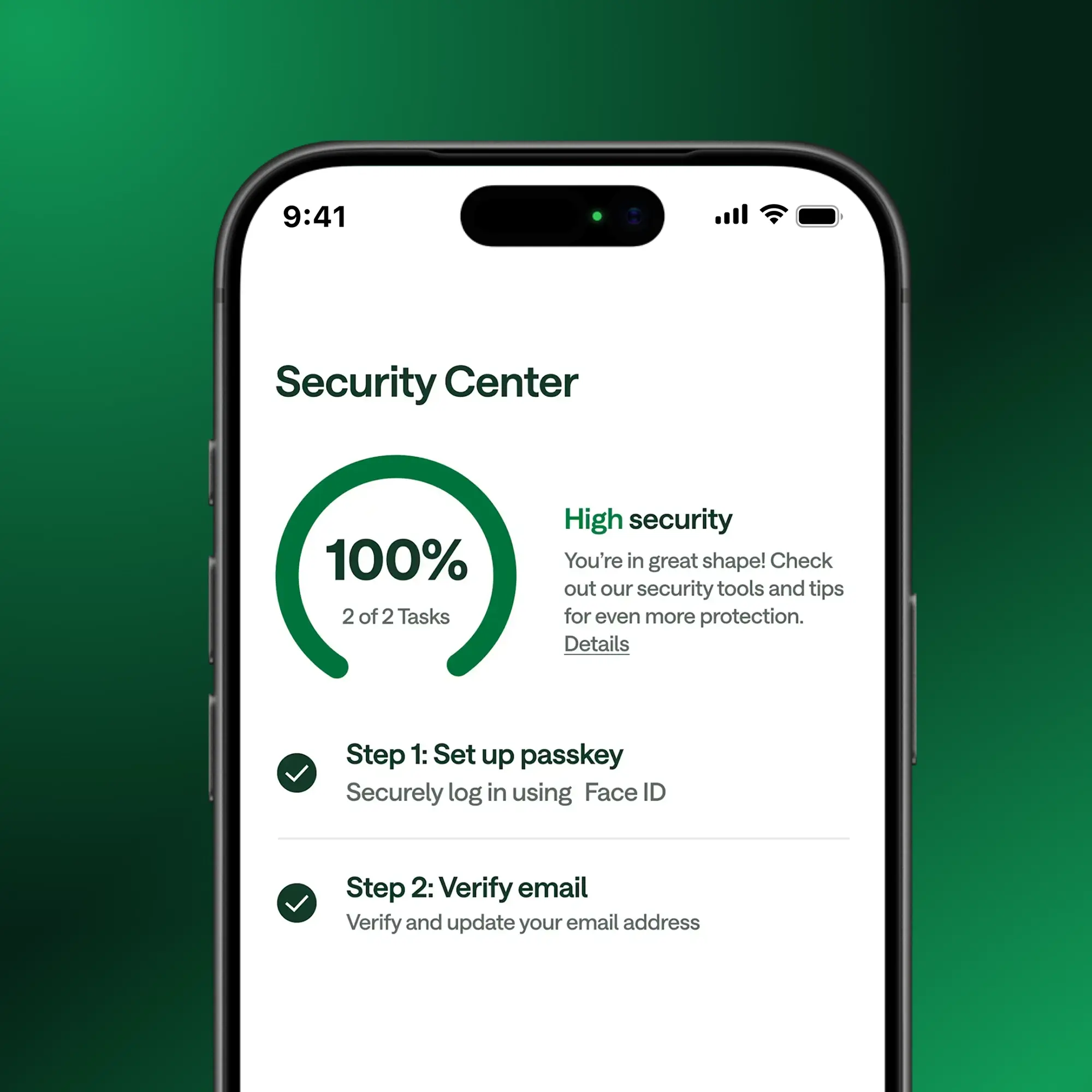 Smartphone displaying Security Center with 100% completion of security tasks, showing green progress circle, high security, and completed steps.