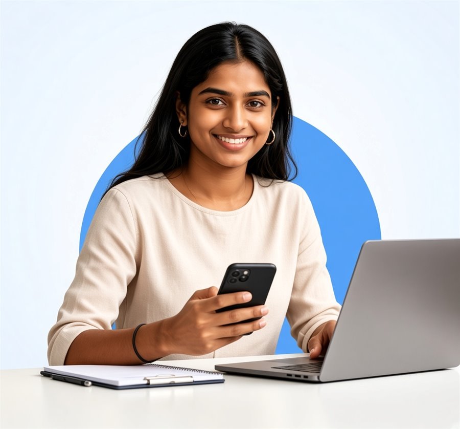 Smiling woman working from home with a phone and laptop